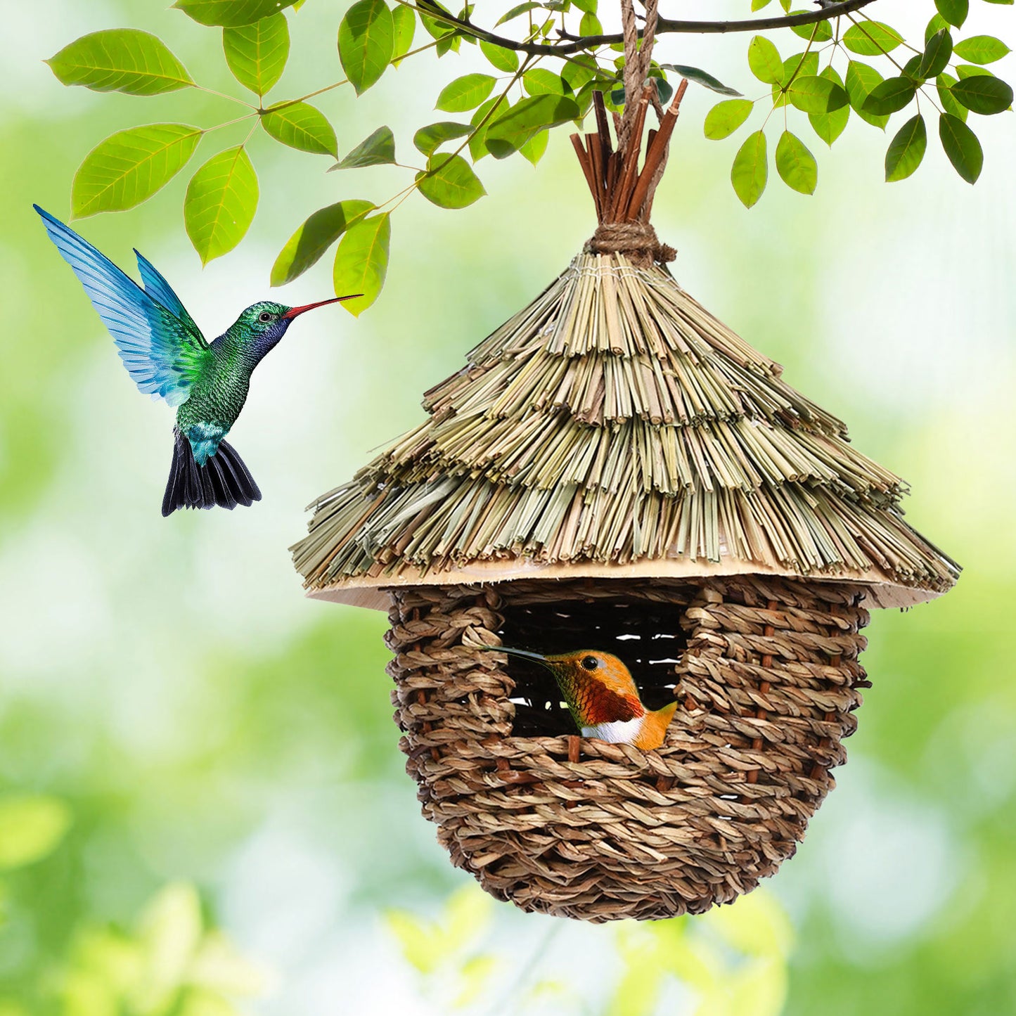 Charming Decorative Hummingbird House Hand-woven Hung Straw Nest Natural Grass Hung Bird For Garden Patio Lawn Office Indoor